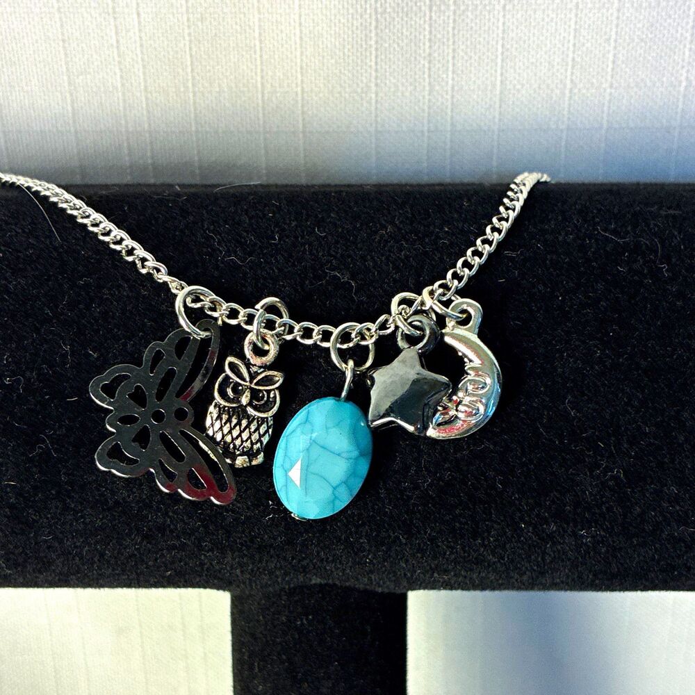 Silver Tone Turquoise Oval Charm Necklace Owl Moon Star Cable Chain 18in Adj